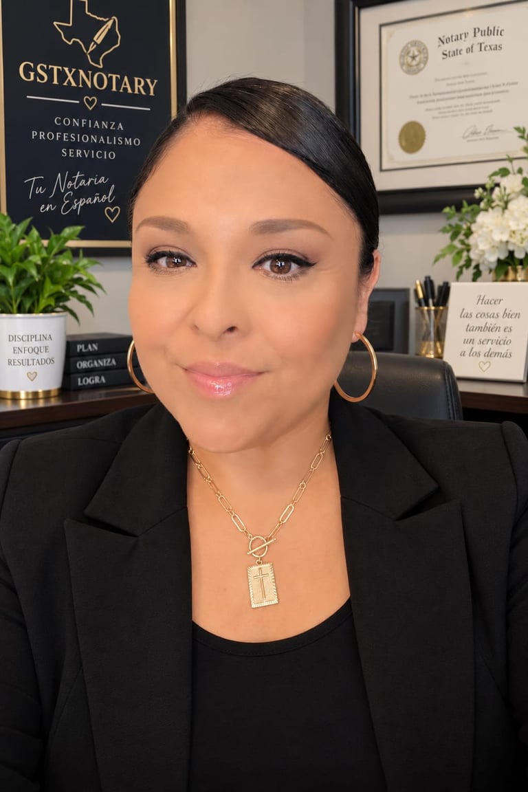 Professional woman in black blazer and gold necklace at her office desk with notary public certificate on wall behind her
