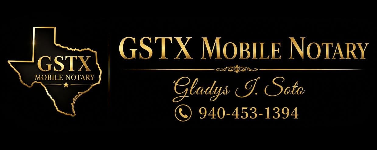 GSTX Mobile Notary logo with Texas state outline, business name Gladys I. Soto, and phone number 940-453-1394 on black background
