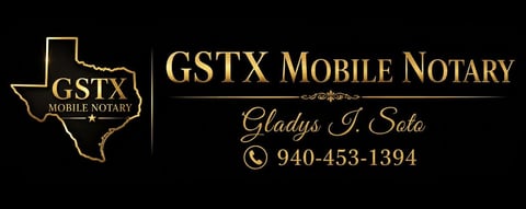 GSTX Mobile Notary logo with Texas state outline, business name Gladys I. Soto, and phone number 940-453-1394 on black background